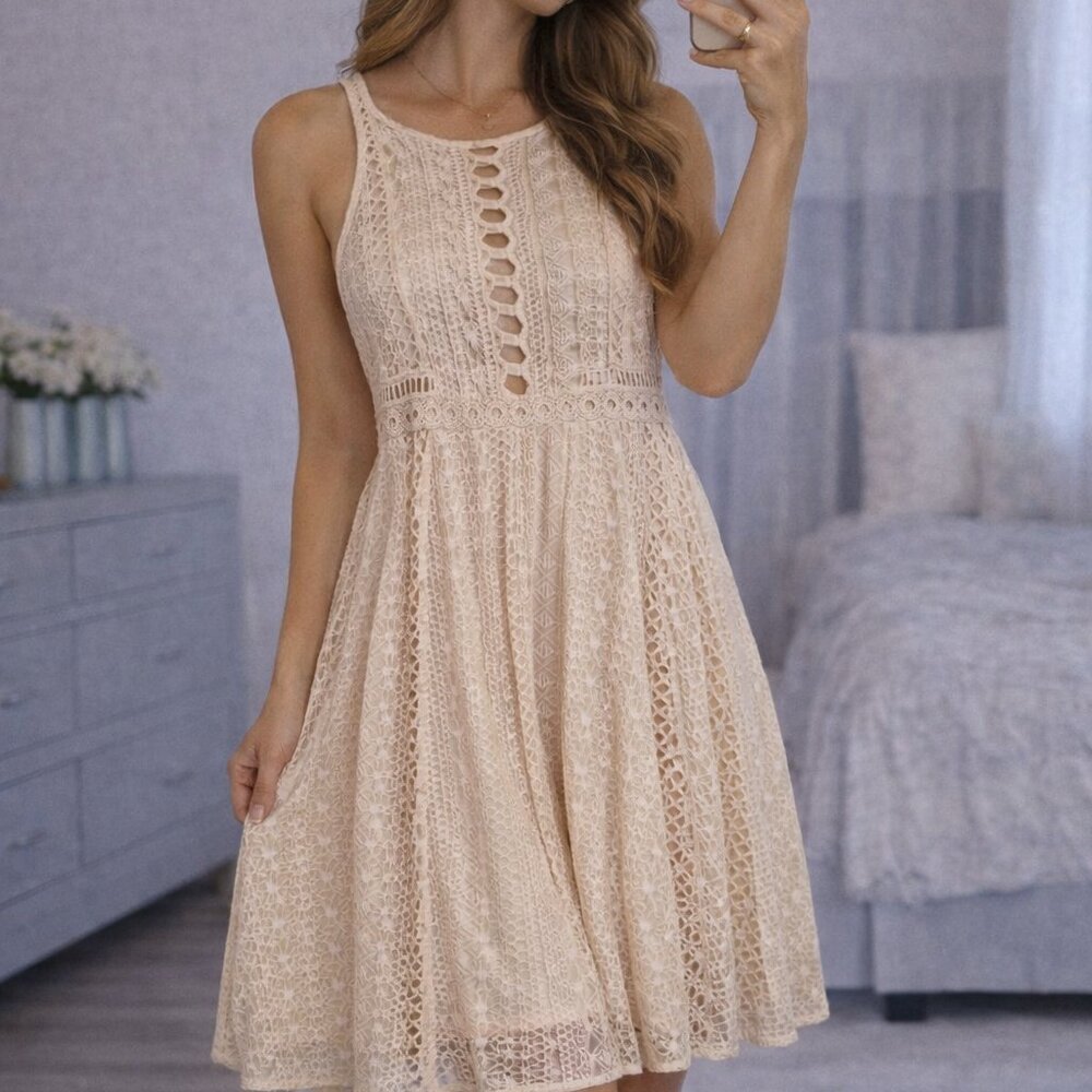 Free People Cream Crochet Lace Sundress Festival Summer Sexy Sz 10